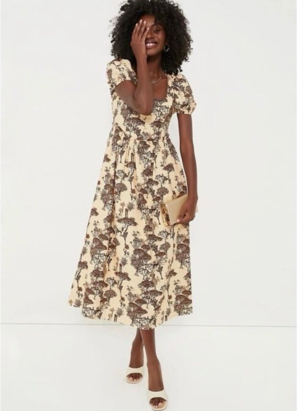 Beige Floral Square-Neck Midi Dress with Puff Sleeves - Picture 2 of 4